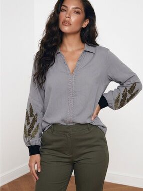 NU Denmark 21” PTP COTTON Women's Gray Embroidered Long-Sleeve Blouse